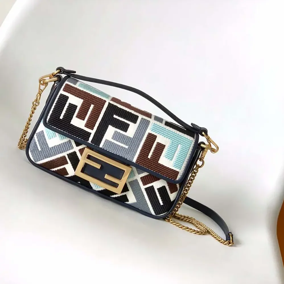 Fendi Baguette Mini Canvas Bag with Multicolor FF Embroidery for Women Fendi Baguette Mini Canvas Bag with Multicolor FF Embroidery for Women