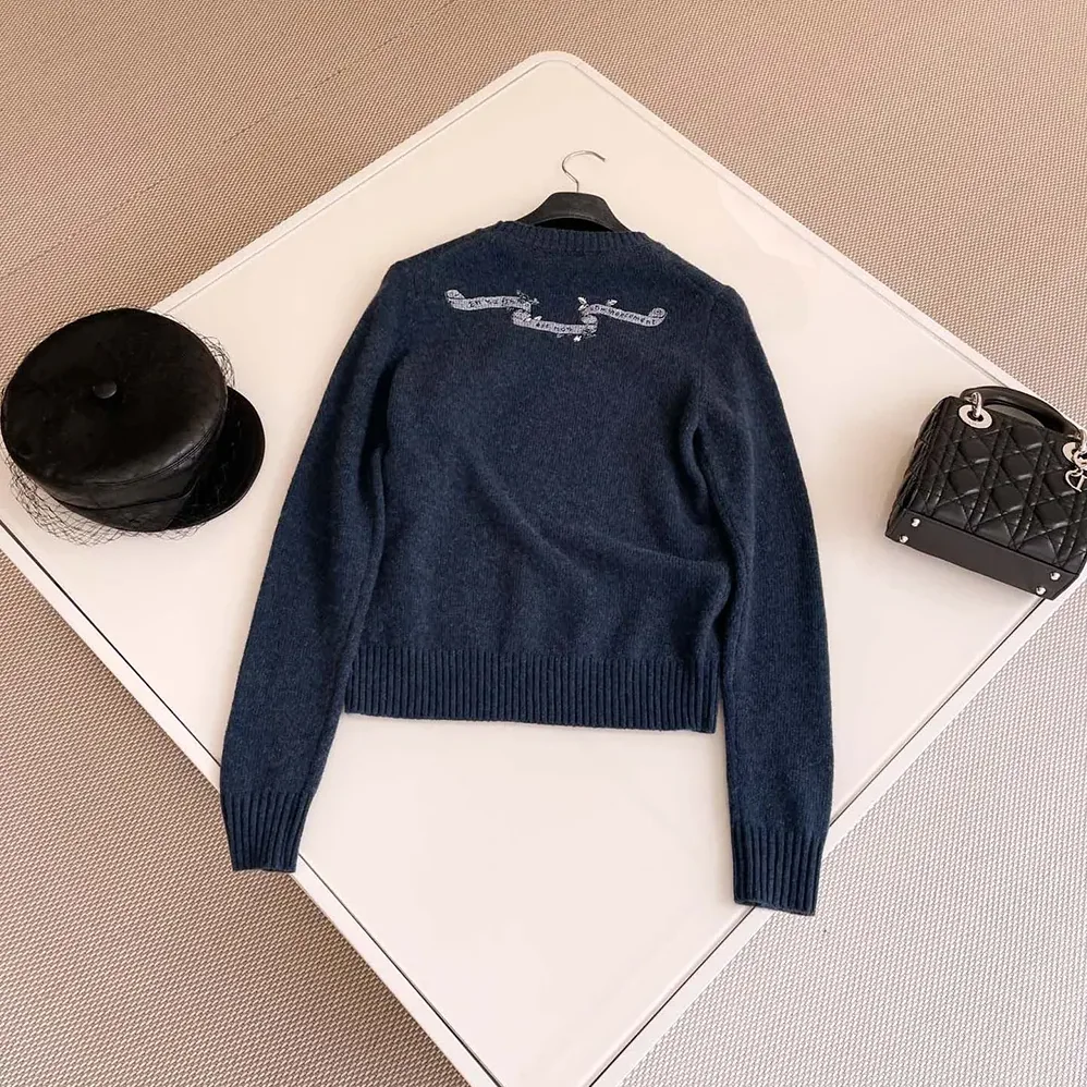 Dior Embroidered Sweater Blue Cashmere Knit for Women
