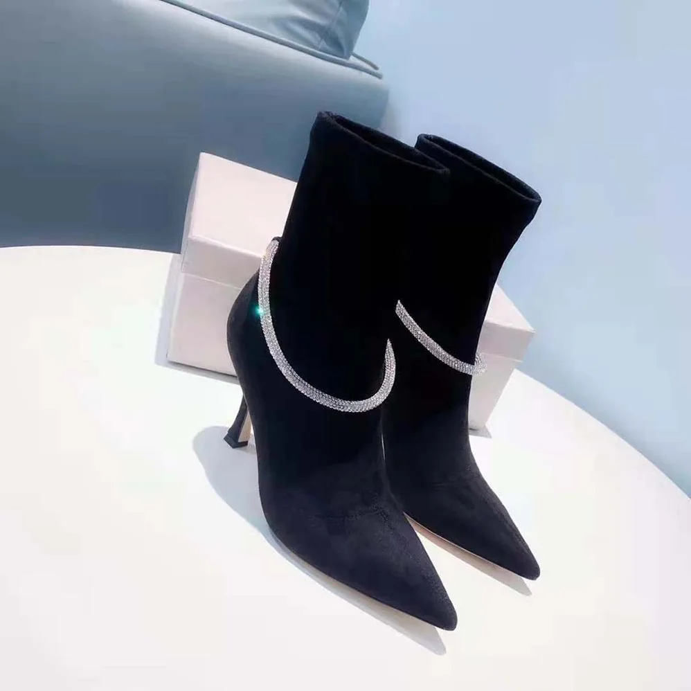 Jimmy Choo Leroy 90 Black Suede Sock Boots with Crystal Embellishment for Women