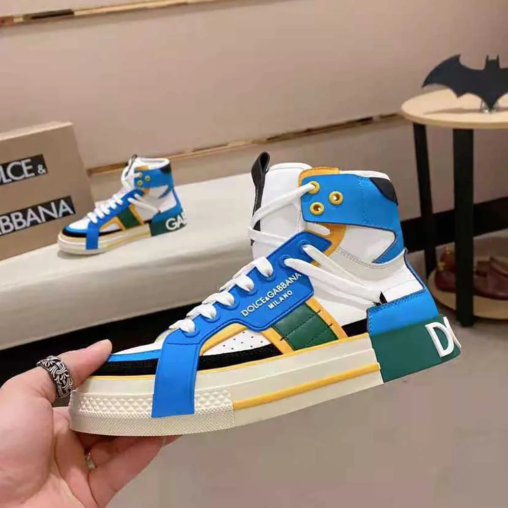 Dolce Gabbana D&G Calfskin Custom 2.Zero High-Top Sneakers with Contrasting Details for Men in Blue