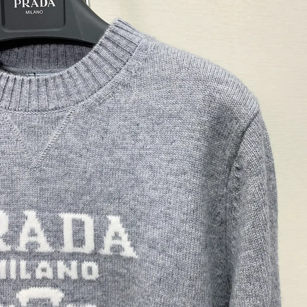 Prada Cashmere and Wool Prada Logo Crew-neck Sweater for Men in Silver