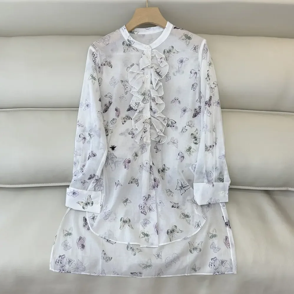 Dior Blouse with Ruffled Neckline Beige Cotton Muslin with Multicolor Butterfly Motif for Women Dior Blouse with Ruffled Neckline Beige Cotton Muslin with Multicolor Butterfly Motif for Women
