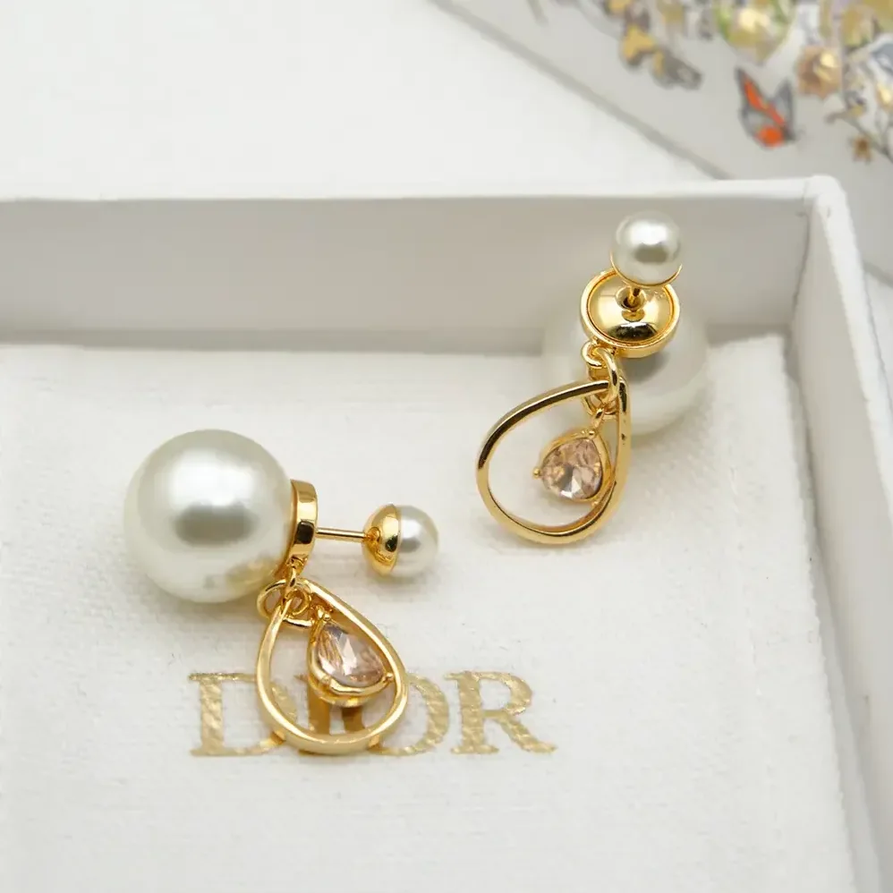 Dior Tribales Earrings Gold-Finish Metal with White Resin Pearls and Champagne Crystals for Women Dior Tribales Earrings Gold-Finish Metal with White Resin Pearls and Champagne Crystals for Women