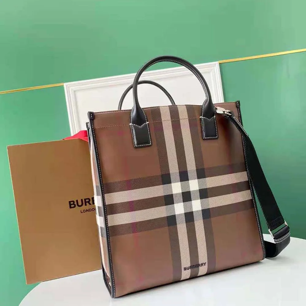 Burberry Exaggerated Check and Leather Slim Tote for Men in Brown