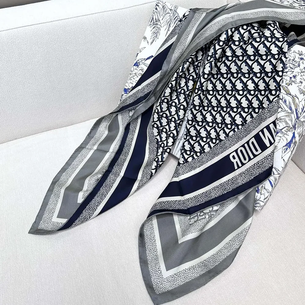 Dior Dior Oblique Diortwin 90 Square Scarf Gray and Navy Blue Silk Twill for Unisex