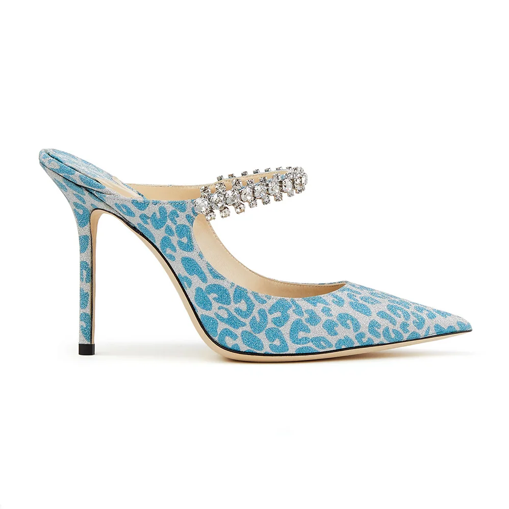 Jimmy Choo Bing 100 Butterfly Blue Leopard Print Glitter Mules with Crystal Strap for Women