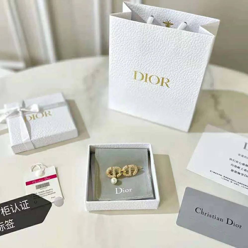 Dior CD Navy Barrette Gold-Finish Metal and White Crystals for Women