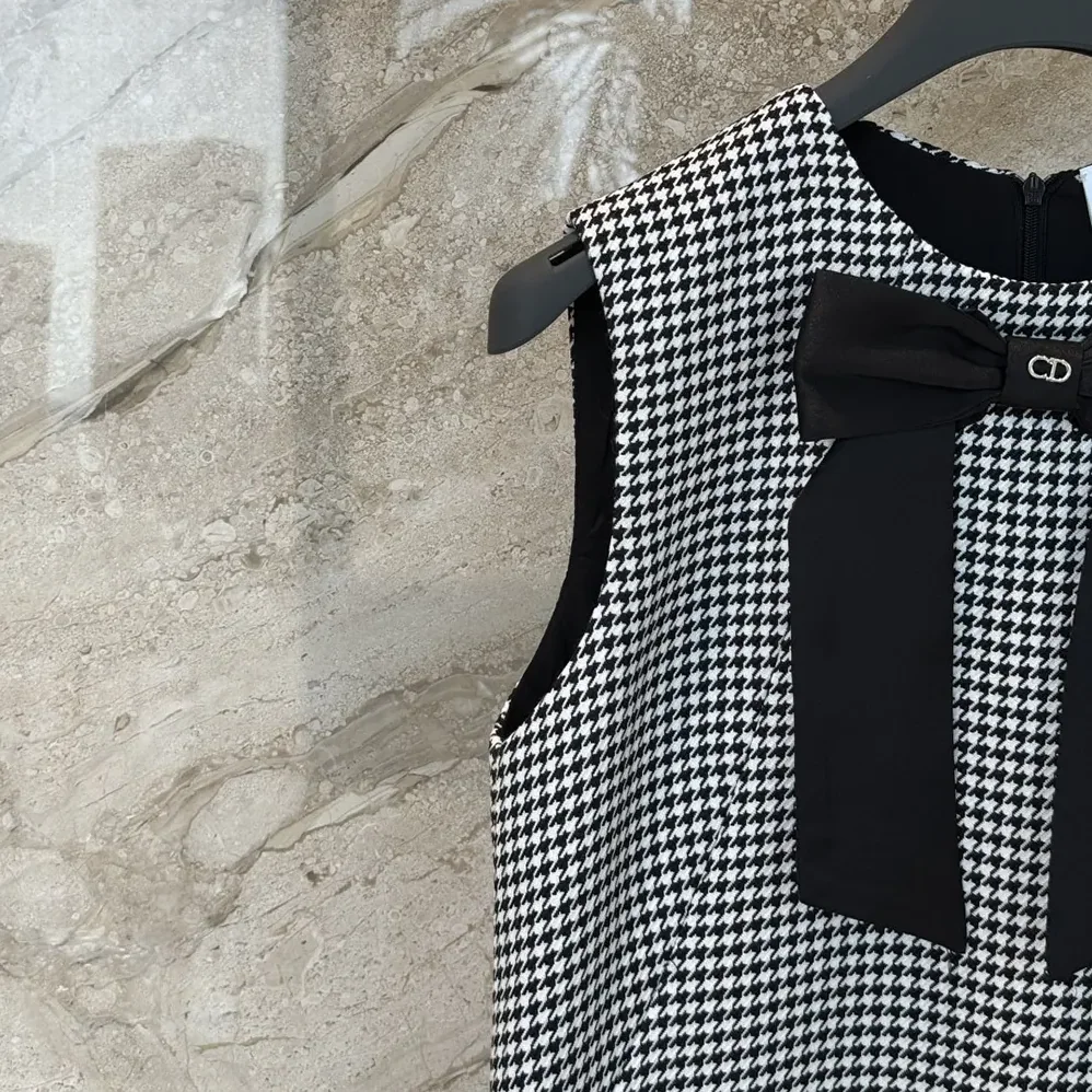 Dior Straight-Cut Short Dress Black and White Houndstooth Virgin Wool Blend for Women