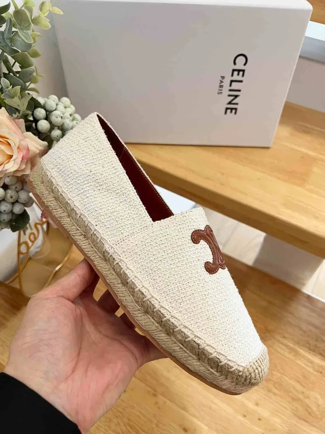 Celine Flat Espadrille With Triomphe Patch In Tweed White