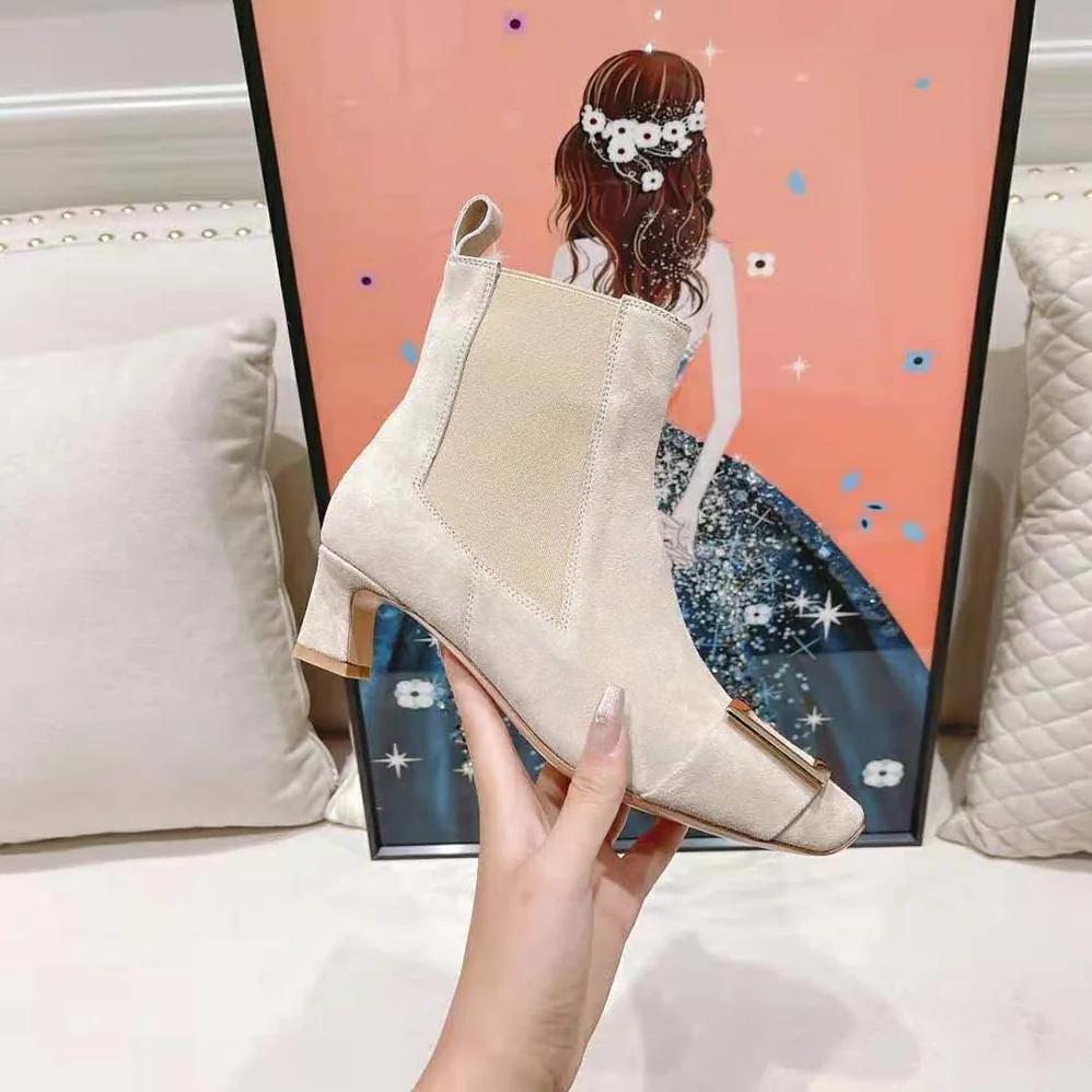 Roger Vivier Trompette Metal Buckle Chelsea Booties in Suede for Women in Beige Roger Vivier Trompette Metal Buckle Chelsea Booties in Suede for Women in Beige