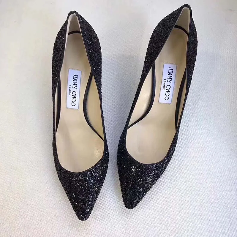 Jimmy Choo Romy 85 Coarse Glitter Fabric Pointy Toe Pumps Shoes for Women in Black