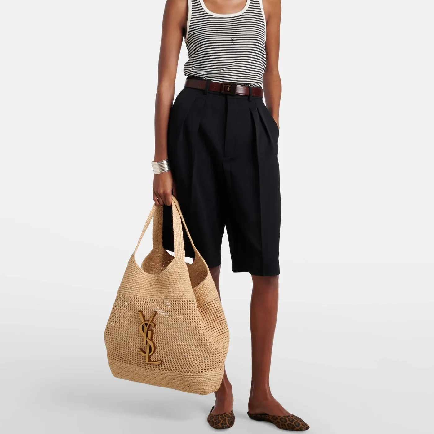 Saint Laurent Icare Tote Bag in Beige Raffia Bronze Hardware