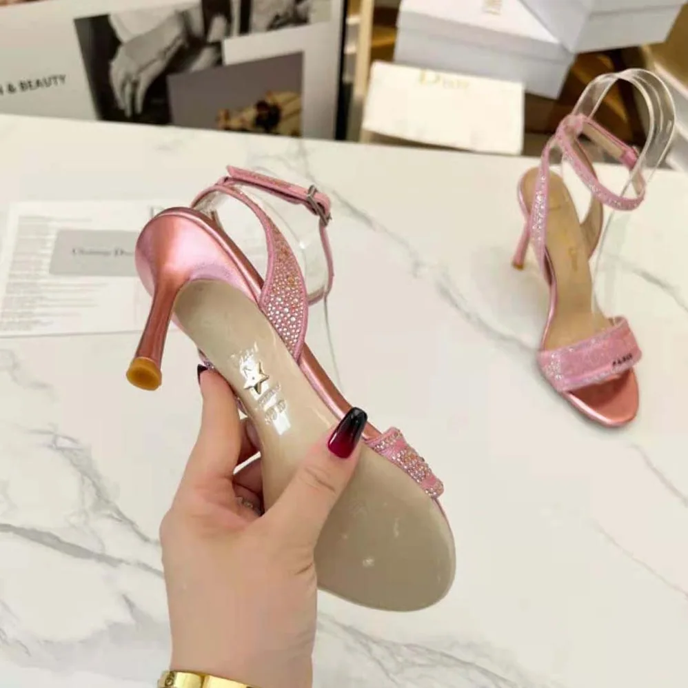 Dior Dway Heeled Slide Pink Cotton Embroidered with Metallic Thread and Strass for Women
