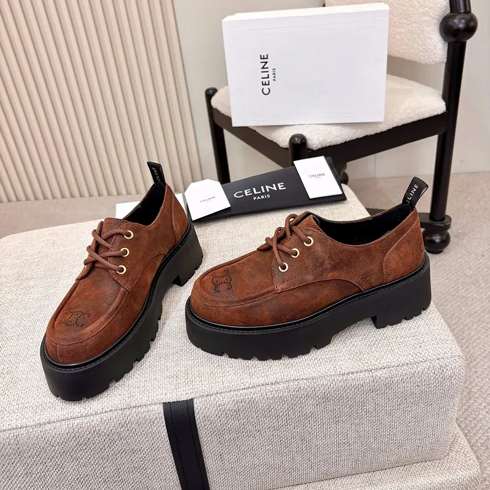 Celine Triomphe Derbies in Waxed Suede Calfskin for Women in Brown