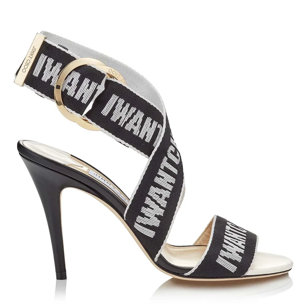 Jimmy Choo Balley 100 Chalk Nappa Leather Sandals with Black and Chalk Logo Tape for Women