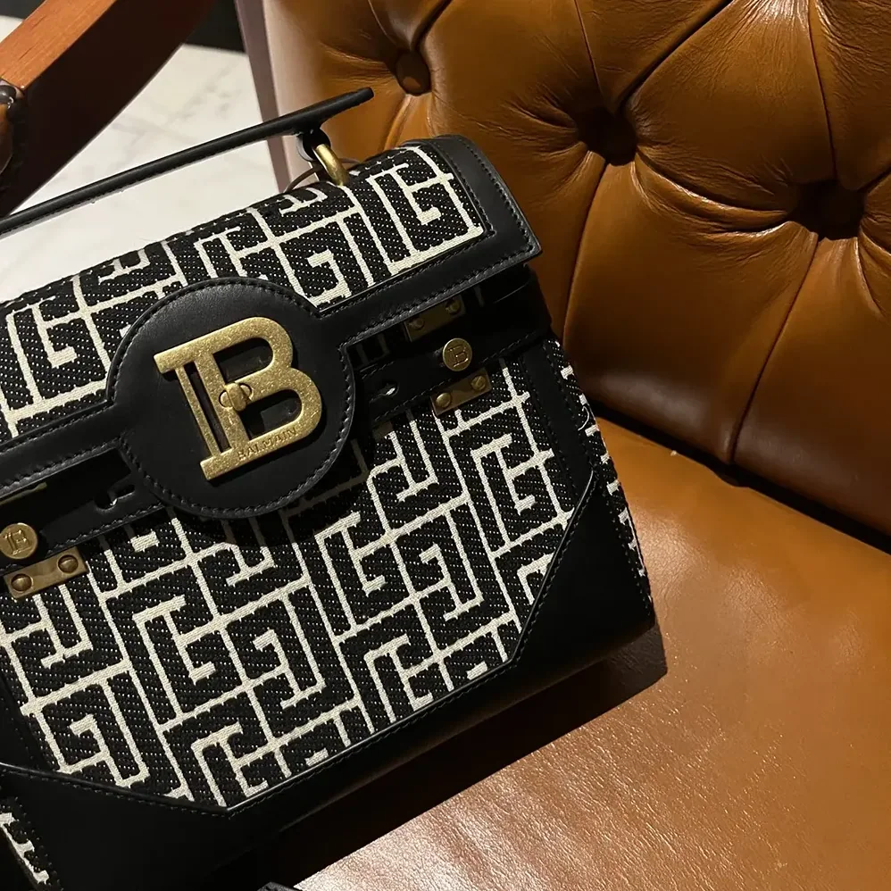 Balmain Bicolor Khaki and Black Calfskin Jacquard B for Women in Buzz Bag