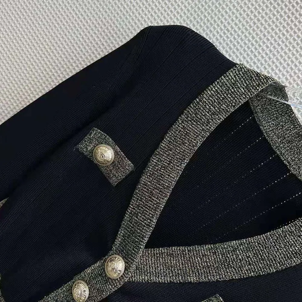 Balmain Cropped Knit Cardigan with Gold Trim for Women