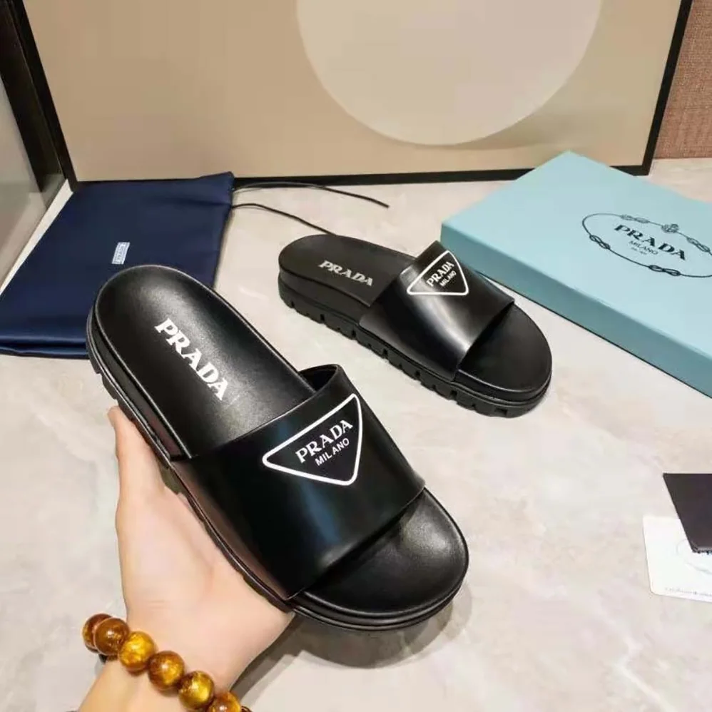 Prada Leather Slides in 20mm Heel for Women in Black Prada Leather Slides in 20mm Heel for Women in Black