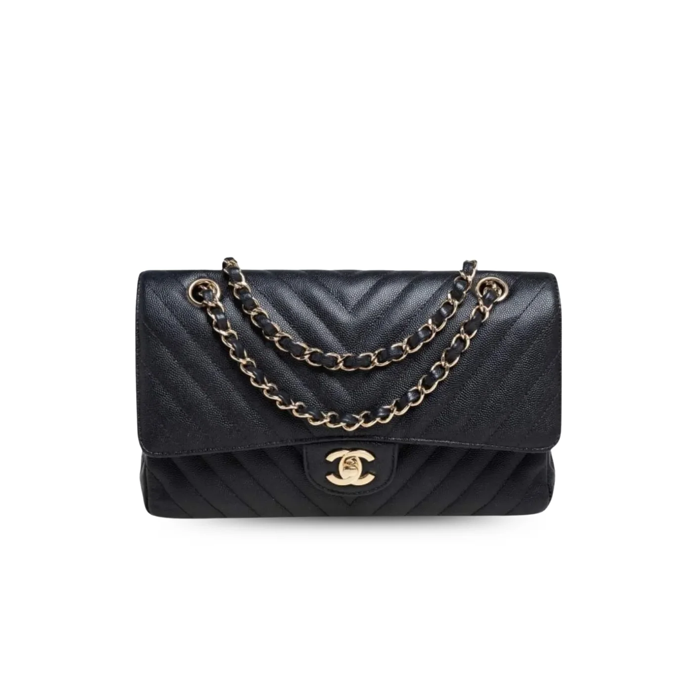 Chanel Chevron Classic Flap Medium Crossbody Bag in Black Gold Toned Hardware