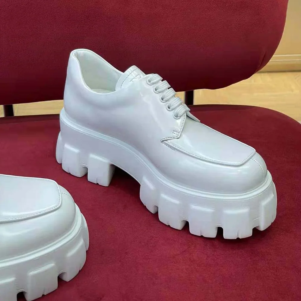 Prada Monolith Brushed Leather Lace-up Shoes for Women in White Prada Monolith Brushed Leather Lace-up Shoes for Women in White