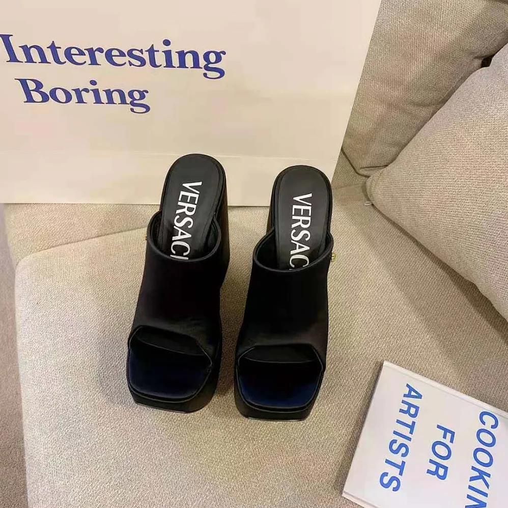 Versace Triplatform Leather Mules for Women in Black