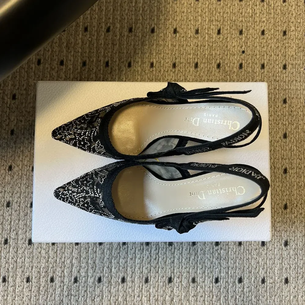 Dior J'Adior Slingback Pump Transparent Mesh Embroidered with Black Millefiori Motif for Women