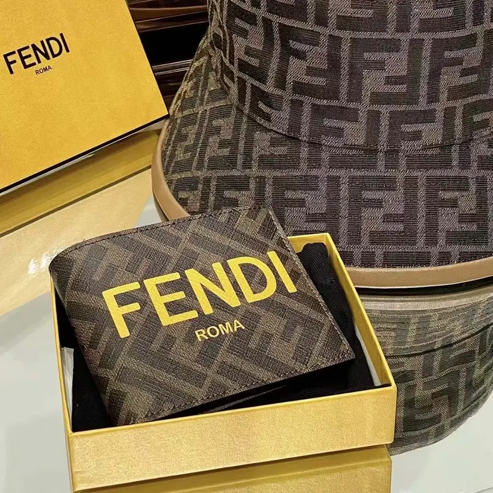Fendi Bi-Fold Wallet in ROMA Logo FF Motif Fabric Brown for Men Fendi Bi-Fold Wallet in ROMA Logo FF Motif Fabric Brown for Men