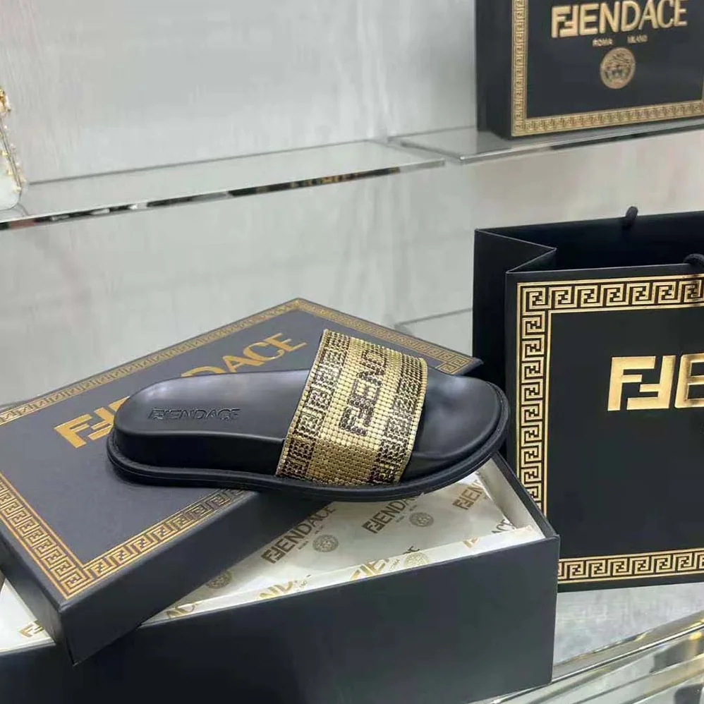 Versace Fendace Logo Metal Mesh Sliders for Unisex in Black Versace Fendace Logo Metal Mesh Sliders for Unisex in Black