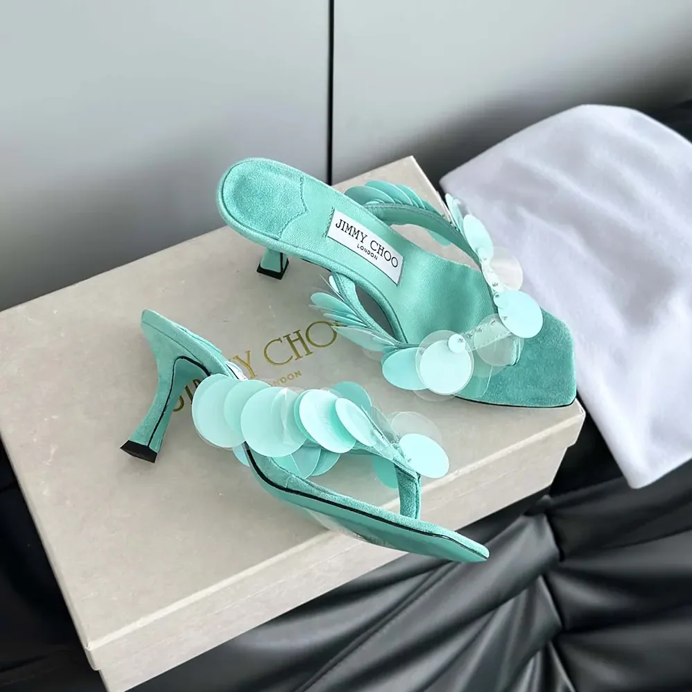 Jimmy Choo Freja 70 Aqua Green Suede Paillette Sandals for Women