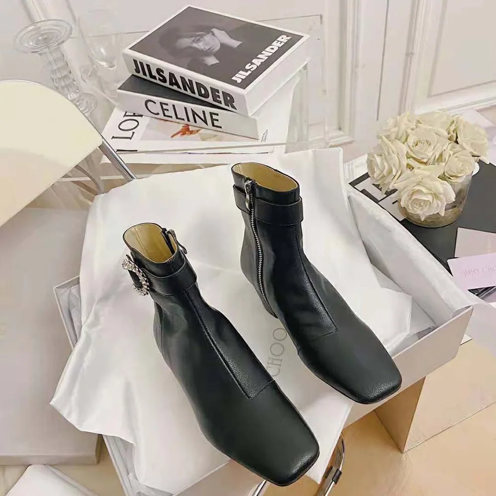 Jimmy Choo Myan 45 Black Smooth Leather Ankle Boots with Crystal Buckle for Women