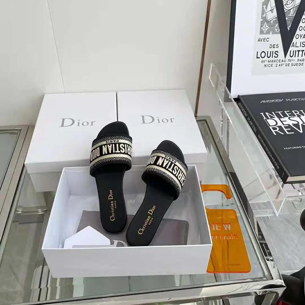 Dior Dway Slide Deep Blue Embroidered Cotton for Women Dior Dway Slide Deep Blue Embroidered Cotton for Women
