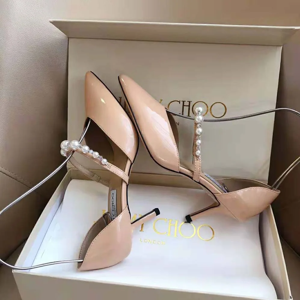 Jimmy Choo Aurelie 85 Ballet Pink Patent Leather Pointed Pumps with Pearl Embellishment for Women