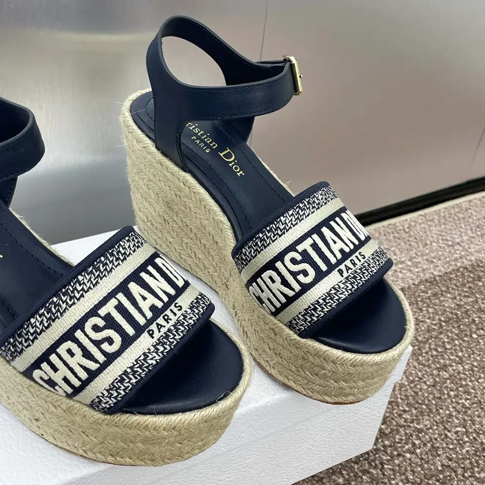 Dior Dway Wedge Sandal Deep Blue Calfskin and Embroidered Cotton for Women