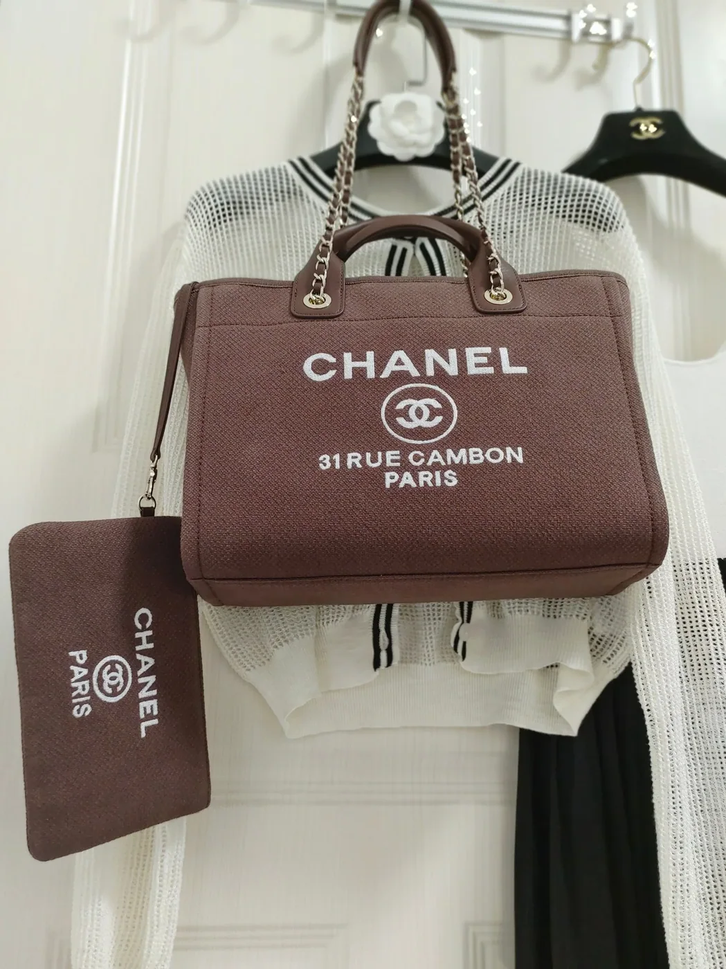 Chanel Deauville Tote Bag in Burgundy Silver Hardware