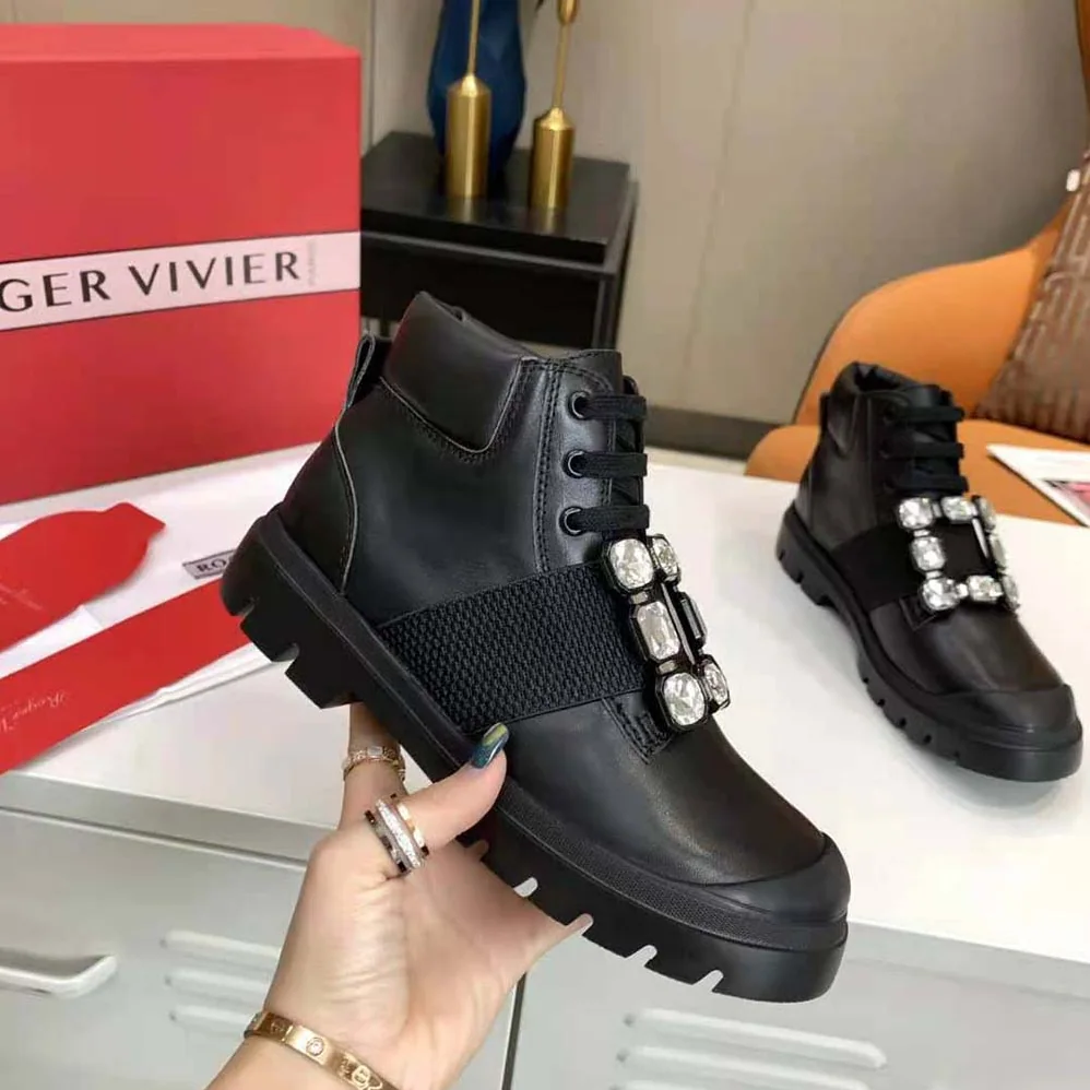 Roger Vivier Walky Viv' Lace Up Strass Buckle Booties in Leather for Women Roger Vivier Walky Viv' Lace Up Strass Buckle Booties in Leather for Women