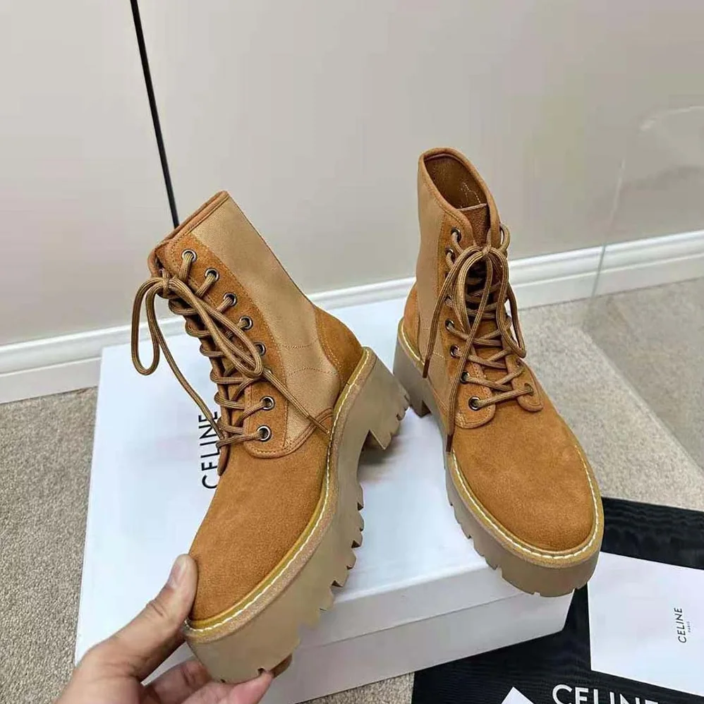 Celine Bulky Lace-up Boot with Triomphe in Nylon & Suede Calfskin for Women