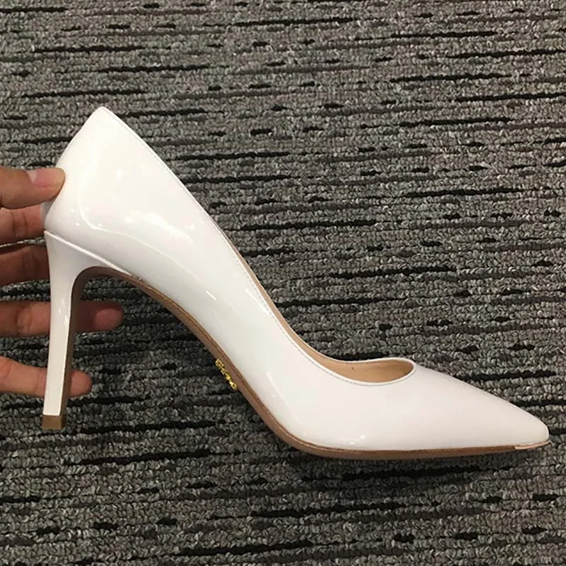 Prada Patent Leather Pointy Toe Pumps 85mm Heel for Women in White