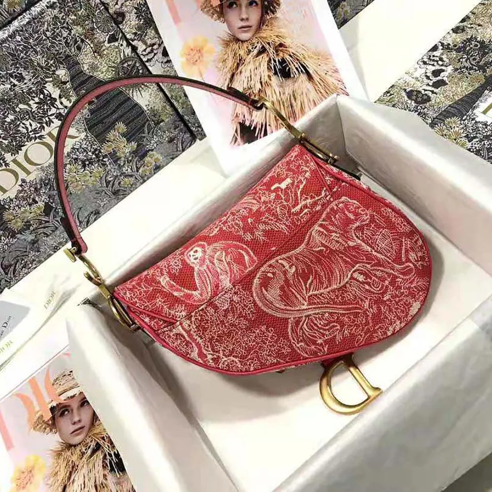 Dior Saddle Bag Toile DE Jouy Reverse Jacquard for Women in Red