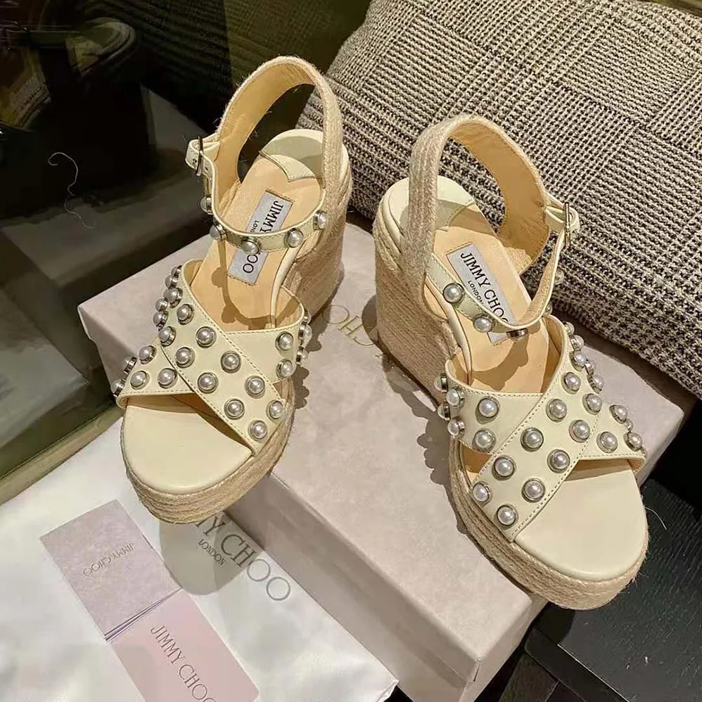 Jimmy Choo Dellena 100 Latte Nappa Wedges with Pearls for Women Jimmy Choo Dellena 100 Latte Nappa Wedges with Pearls for Women