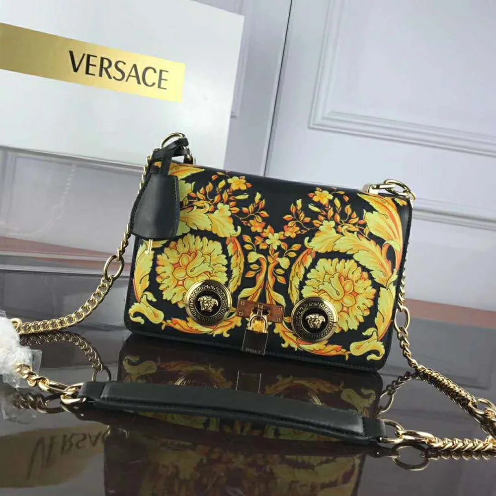 Versace Medium Barocco Icon Shoulder Bag Calf Leather for Women in Black Versace Medium Barocco Icon Shoulder Bag Calf Leather for Women in Black