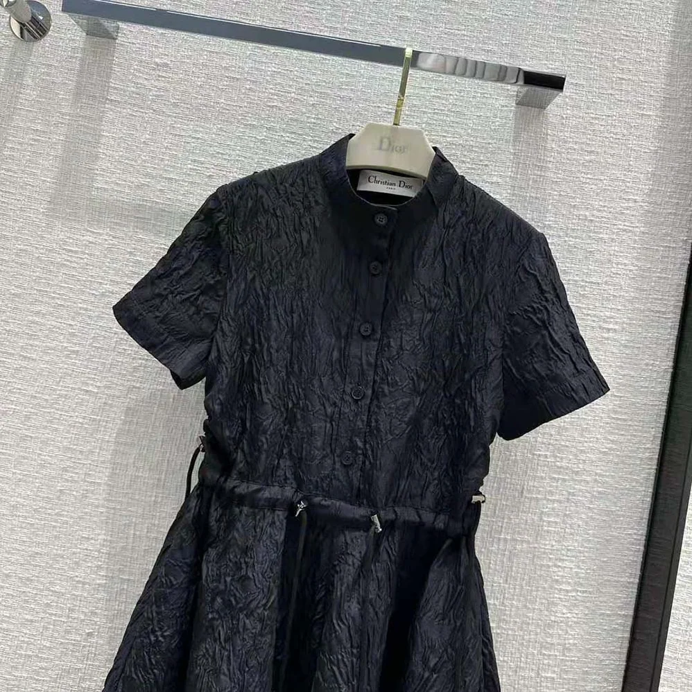 Dior Short Flared Dress Black Matte Cloqué for Women in Effect Technical Fabric Dior Short Flared Dress Black Matte Cloqué for Women in Effect Technical Fabric