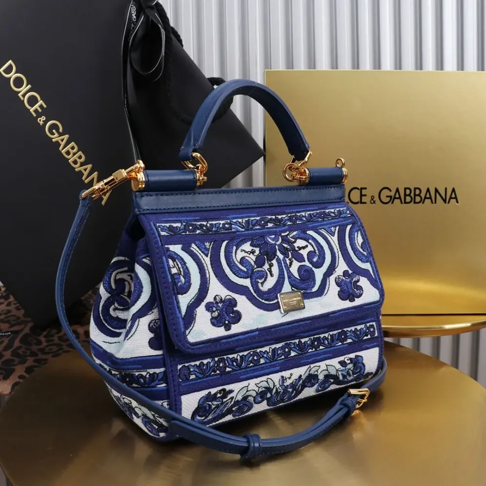 Dolce Gabbana D&G Small Sicily Handbag with Majolica Embroidery for Women in Blue Dolce Gabbana D&G Small Sicily Handbag with Majolica Embroidery for Women in Blue