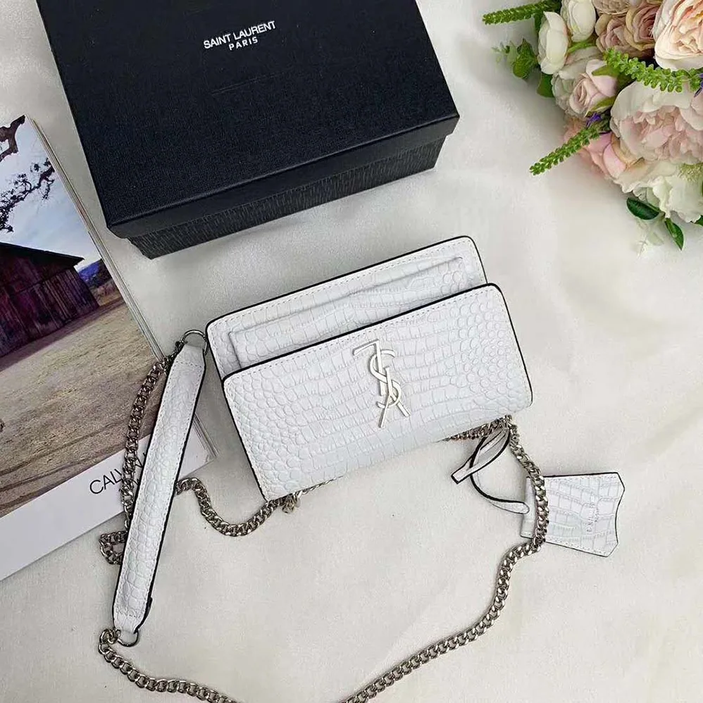 Saint Laurent YSL Sunset Medium Crocodile Embossed Shiny for Women in White Saint Laurent YSL Sunset Medium Crocodile Embossed Shiny for Women in White