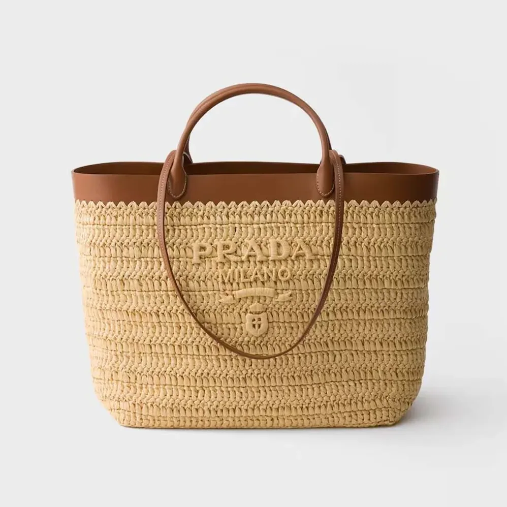 Prada Medium Crochet and Leather Tote Bag for Women in Brown Prada Medium Crochet and Leather Tote Bag for Women in Brown
