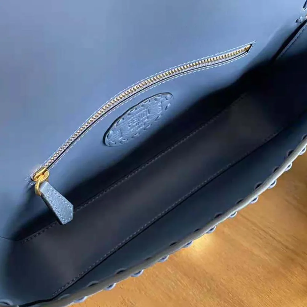 Fendi Baguette Blue Selleria Bag with Oversized Topstitching for Women