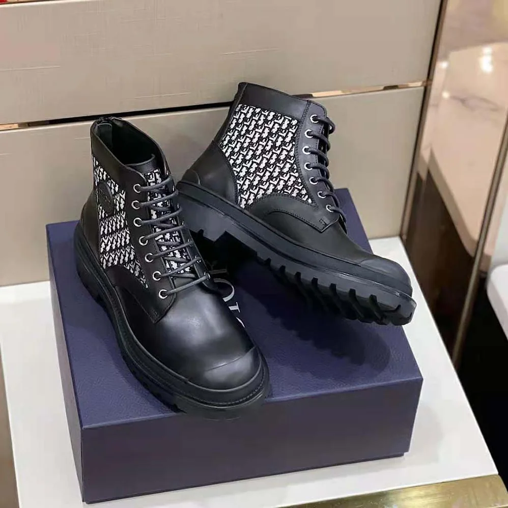 Dior Explorer Ankle Boot Black Smooth Calfskin and Beige and Black Dior Oblique Jacquard for Men Dior Explorer Ankle Boot Black Smooth Calfskin and Beige and Black Dior Oblique Jacquard for Men