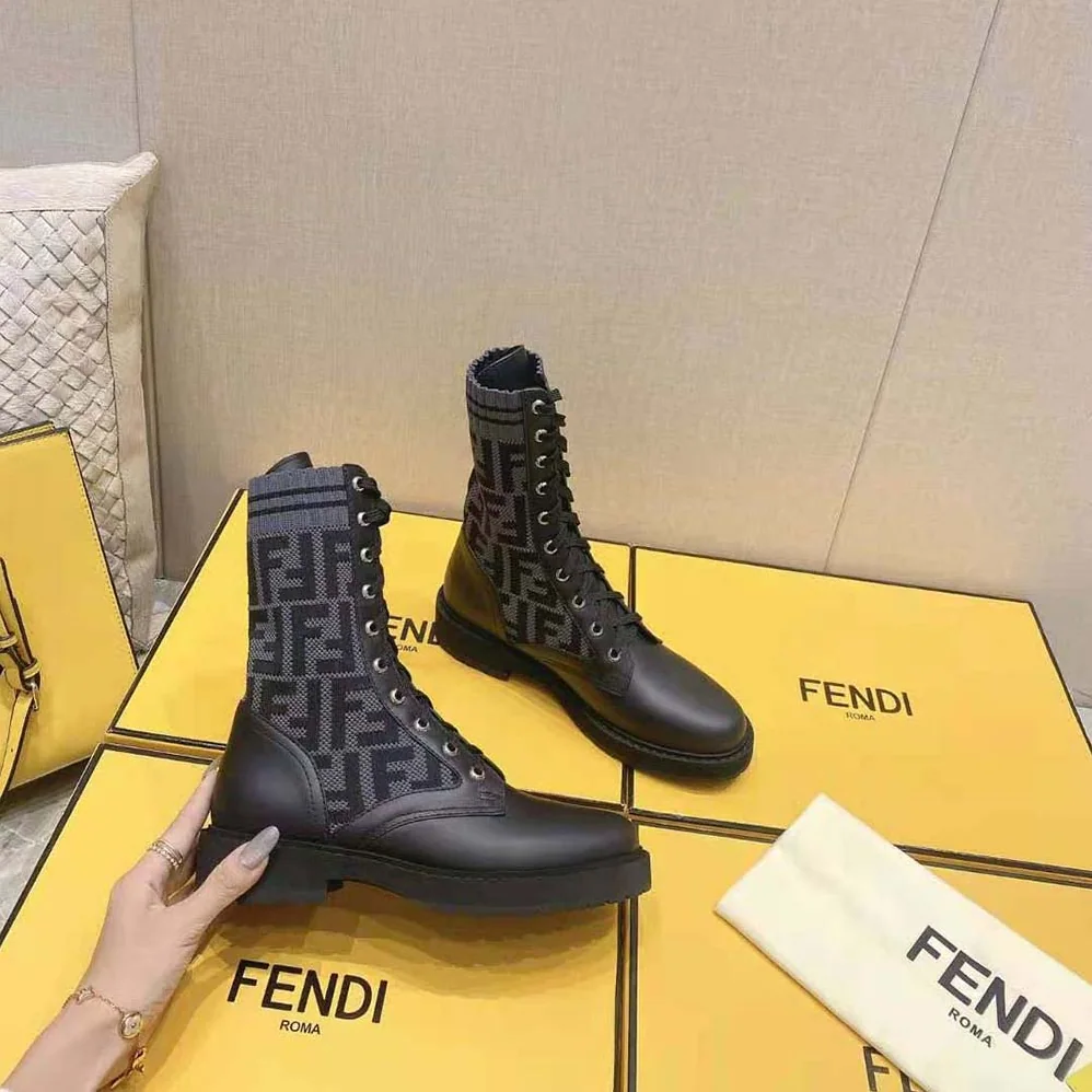 Fendi Rockoko Black Leather Biker Boots with Stretch Fabric for Women