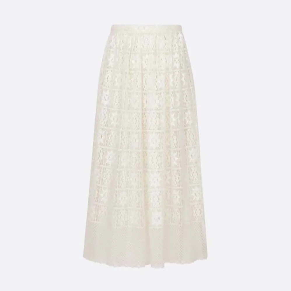 Dior Flared Mid-Length Skirt Ecru Technical Cotton Lace with Star Motif for Women