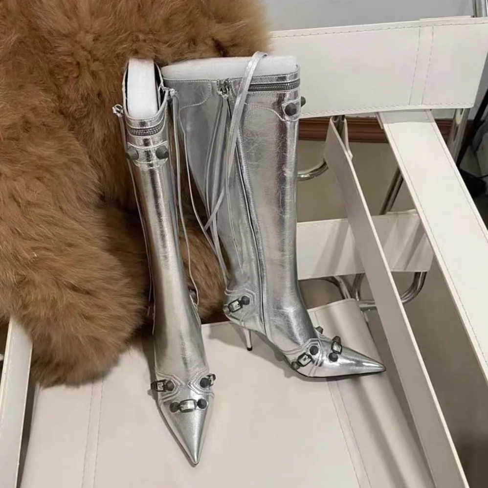 Balenciaga Cagole 90mm Boot in Silver Mmetallized Arena Lambskin for Women Balenciaga Cagole 90mm Boot in Silver Mmetallized Arena Lambskin for Women
