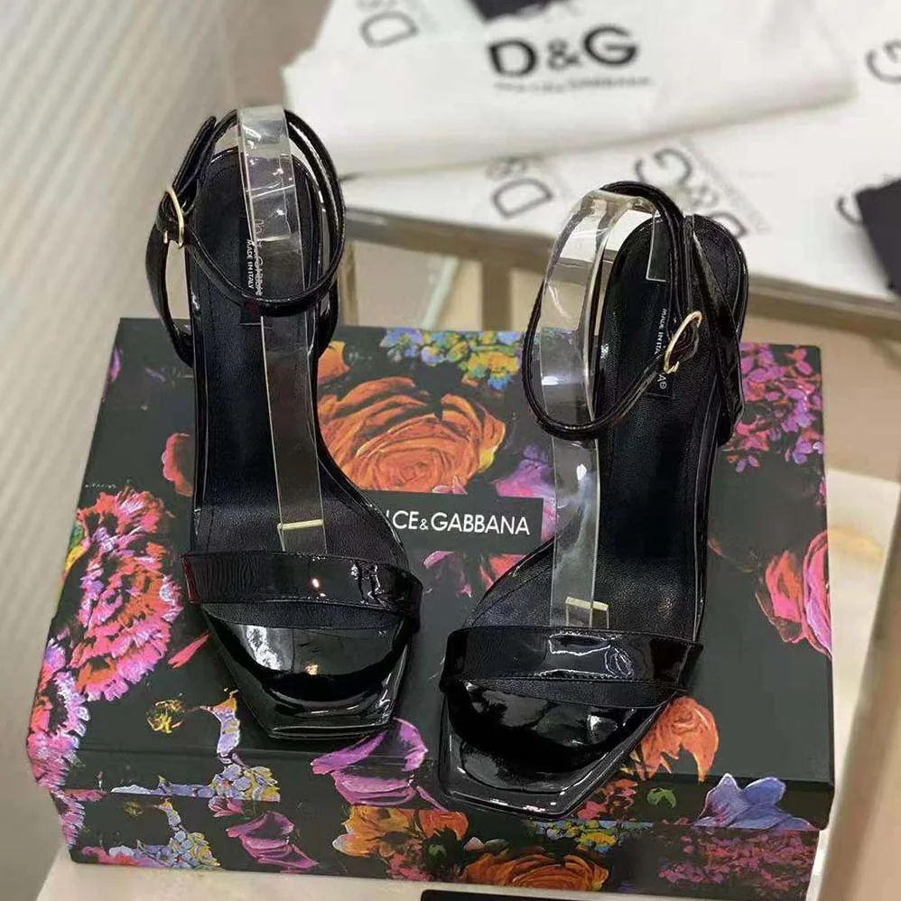 Dolce Gabbana D&G Patent Leather Sandals with 3.5 Heel for Women in Black Dolce Gabbana D&G Patent Leather Sandals with 3.5 Heel for Women in Black